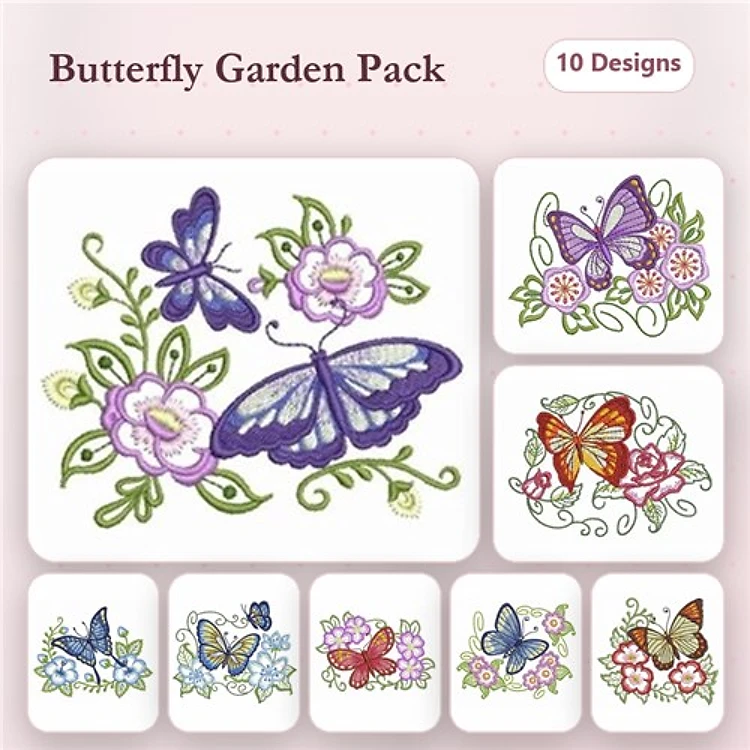 Butterfly & Floral Embroidery Designs Bundle – Purple, Blue, Red Butterflies & More (10 Designs)