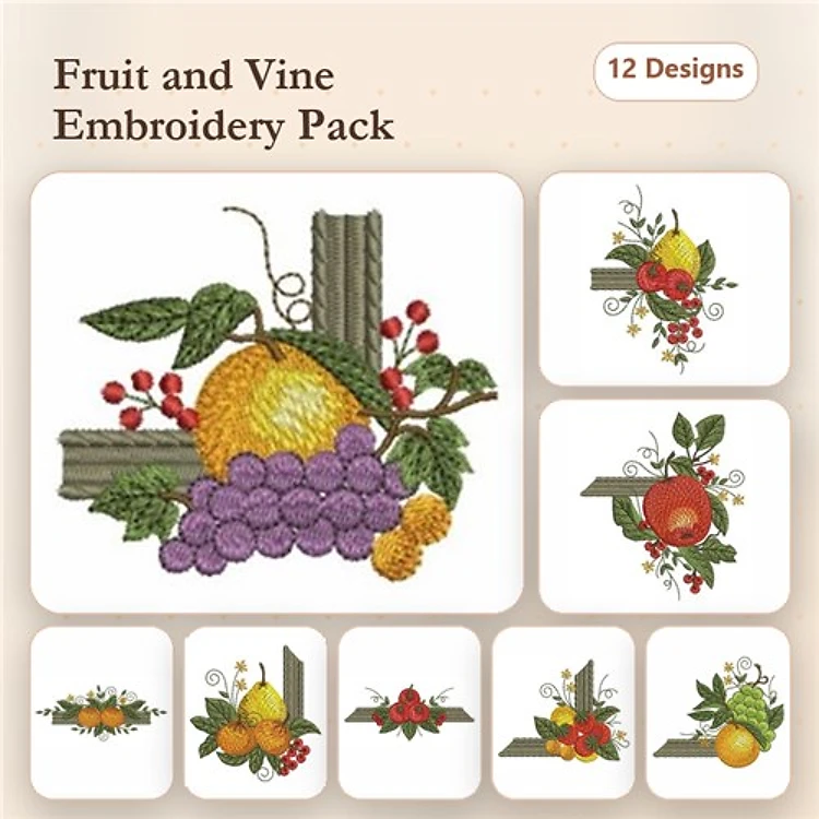 Fruit and Vine Embroidery Designs Bundle – Grapes, Pineapple, Apple, Orange & More (12 Designs)