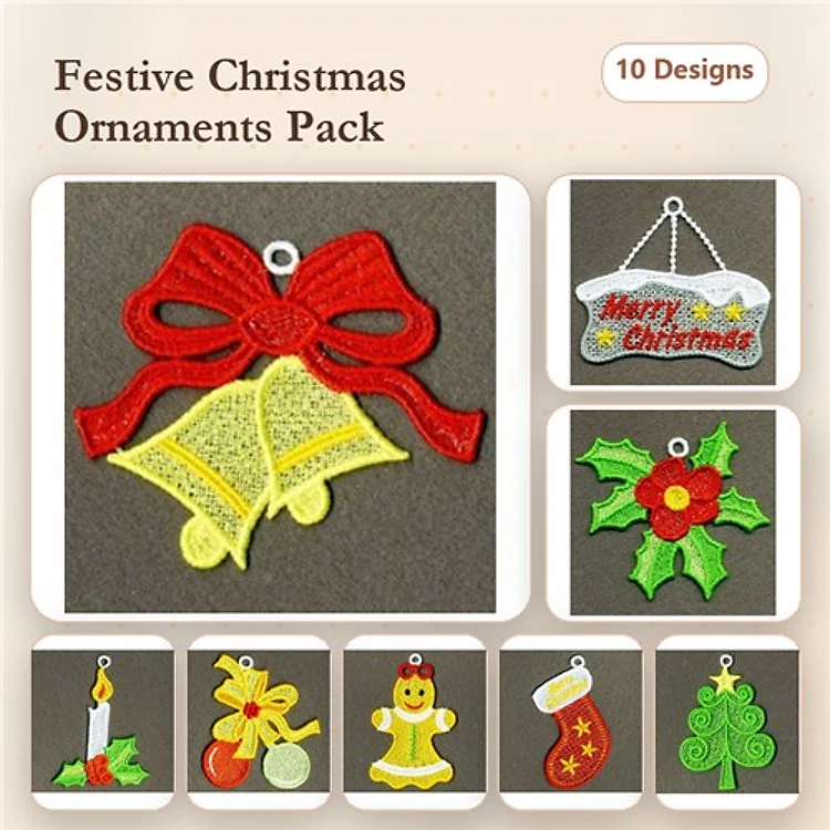 FSL Festive Christmas Ornaments Embroidery Designs Bundle – Bell, Candle, Snowman & More (10 Designs)