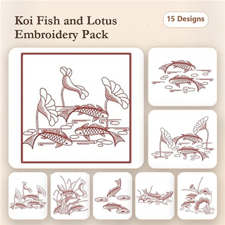 Redwork Koi Fish & Lotus Embroidery Designs Bundle – Elegant Aquatic Elements & More (15 Designs)