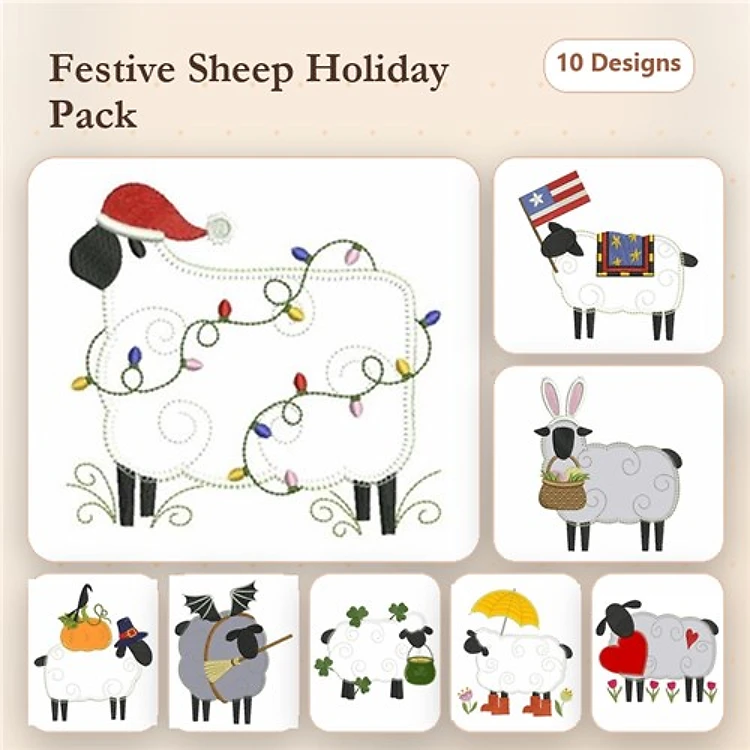 Applique Festive Sheep Characters Embroidery Bundle – Sheep with Santa Hat, Christmas Lights, Pumpkin & More (10 Designs)
