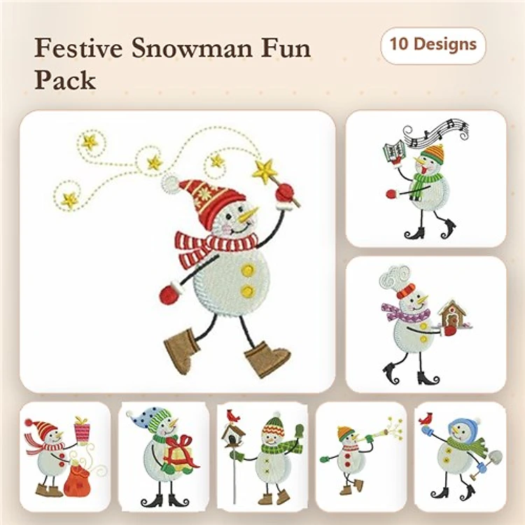 Snowman Embroidery Designs Bundle – Snowman with Red Scarf, Gifts, Christmas Lights & More (10 Designs)