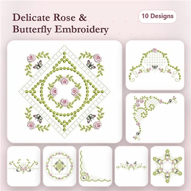 Floral Embellishments Embroidery Designs Bundle – Delicate Roses, Butterfly Flourish, Rose Wreath & More (10 Designs)