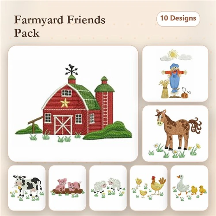 Farmyard Animals Embroidery Bundle – Barn, Scarecrow, Horse, Cow & More (10 Designs)