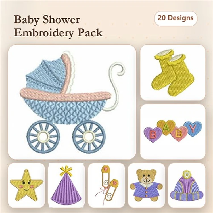 Baby Shower Embroidery Bundle – Baby Carriage, Baby Booties, Teddy Bear & More (20 Designs)