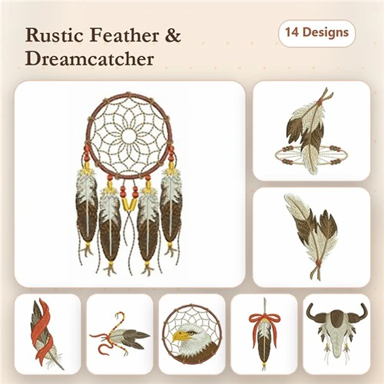 Dreamcatcher & Feather Embroidery Designs Bundle – Buffalo Skull, Eagle, Tassel & More (14 Designs)