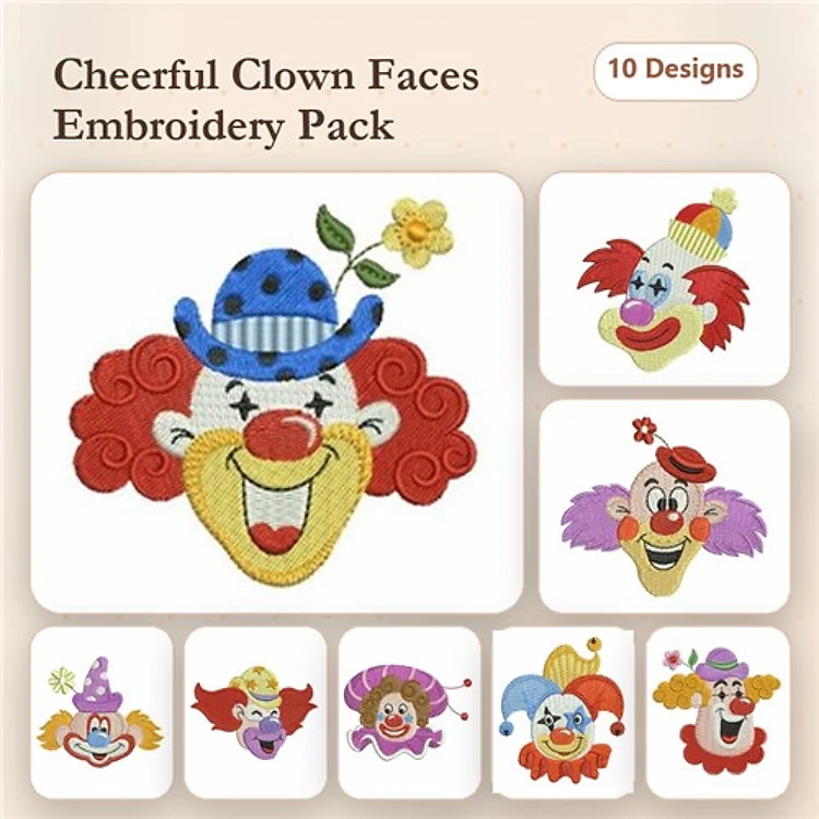 Cheerful Clown Faces Embroidery Designs Bundle – Blue Hat, Red Nose, Purple Hair & More (10 Designs)