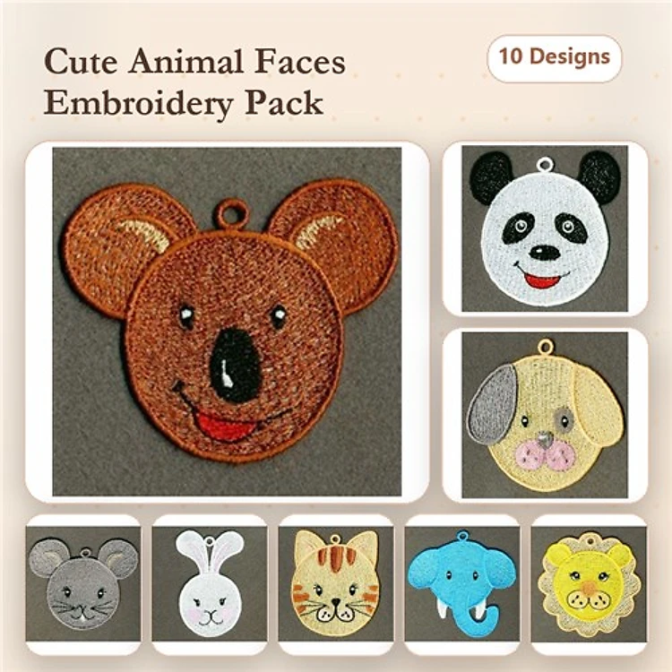 Cute Animal Faces Embroidery Bundle – Adorable Designs (10 Designs)