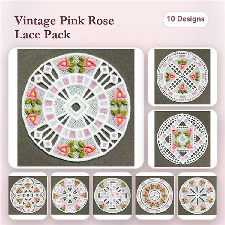 FSL Pink Rose Lace Embroidery Designs Bundle – Lace Rose Doily 1, Lace Rose Doily 2, Lace Rose Doily 3 & More (10 Designs)