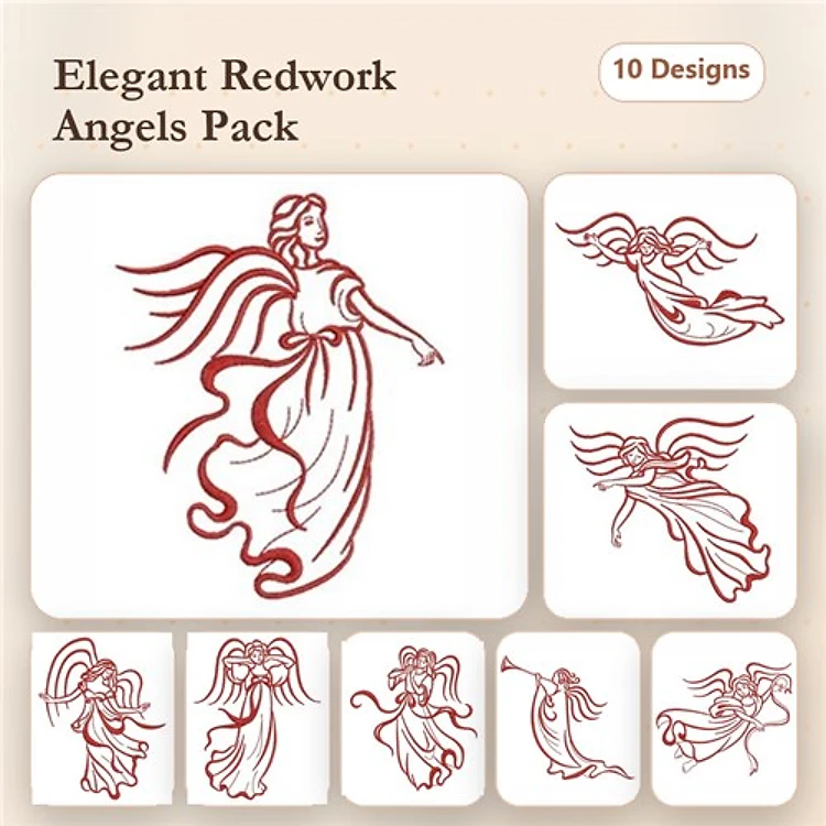 Redwork Elegant Angels Embroidery Designs Bundle – Angel with Flowing Robe, Angel in Flight, & More (10 Designs)