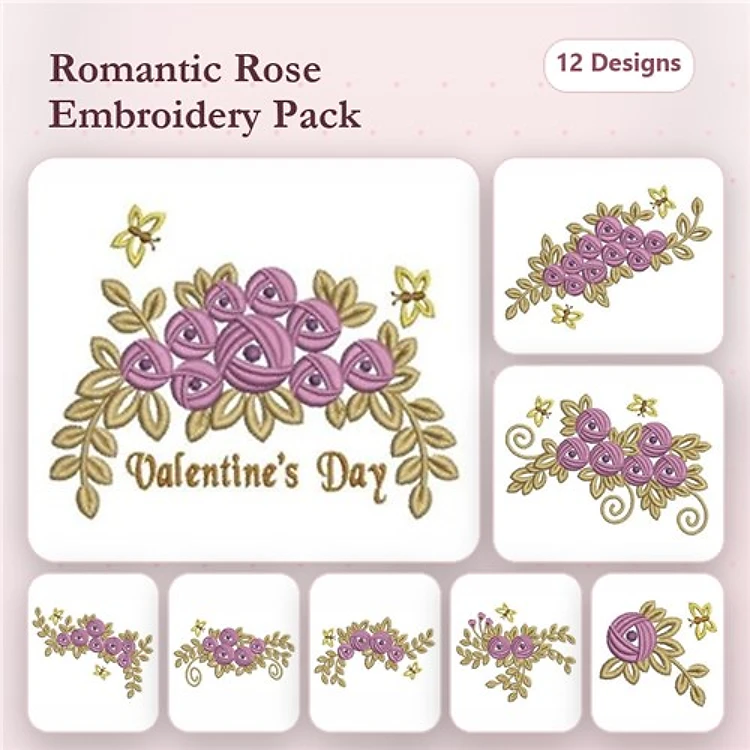 Romantic Roses Embroidery Designs Bundle – Rose Bouquet, Valentine's Day Rose Arrangement, Floral Rose Border & More (12 Designs)