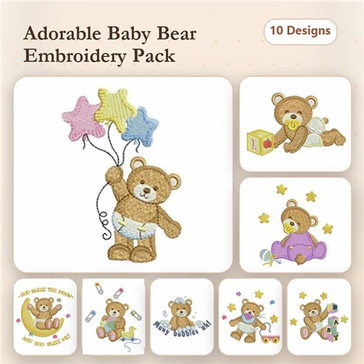 Adorable Baby Bears Embroidery Designs Bundle – Baby Bear with Balloons, Baby Bear with Rattle, & More (10 Designs)