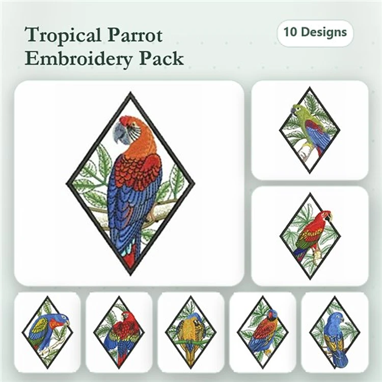 Tropical Parrots Embroidery Designs Bundle – Scarlet Macaw, Blue-and-yellow Macaw, Green-winged Macaw & More (10 Designs)