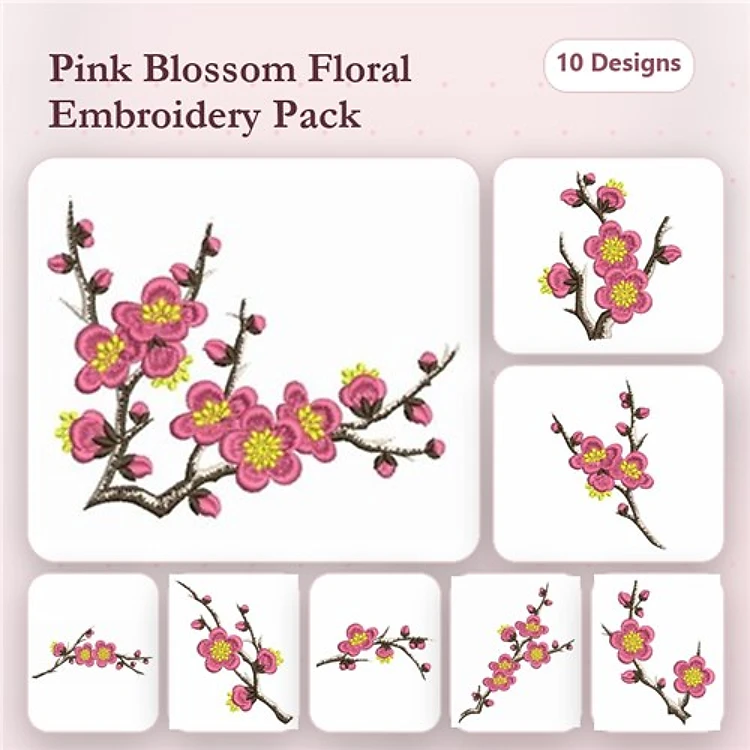 Floral Blossom Embroidery Bundle – Cherry Blossom Branch, Buds, Stem & More (10 Designs)