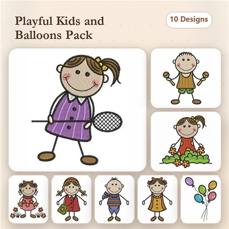 Children Playing Embroidery Designs Bundle – Girl with Butterfly Net, Boy Holding Balloons, Girl Among Flowers & More (10 Designs)