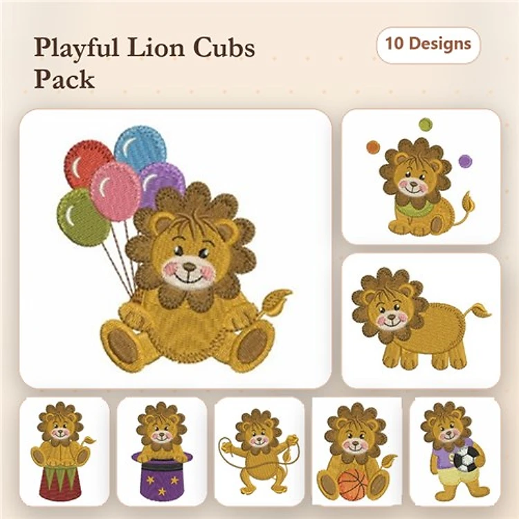Lion Cub Embroidery Bundle – Lion Cub with Balloons, Soccer Ball, Drum & More (10 Designs)