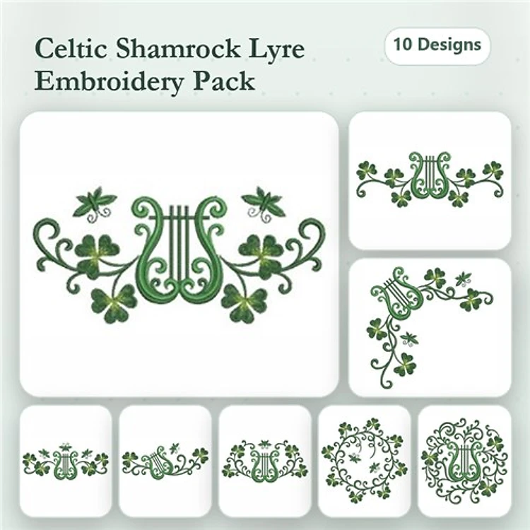 Celtic Shamrock Embroidery Designs Bundle – Lyre, Shamrock Border, Ornate Frame & More (10 Designs)