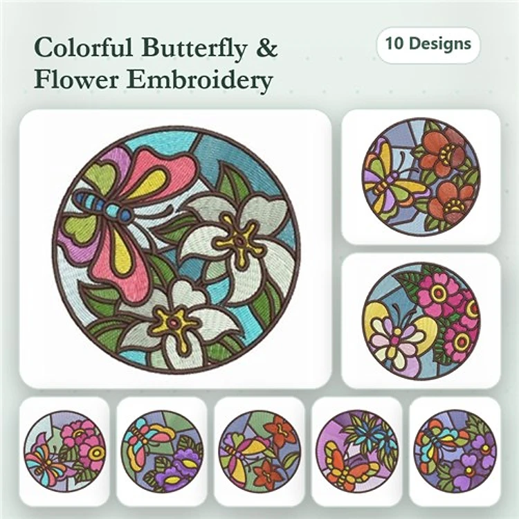 Colorful Butterfly & Flower Embroidery Bundle – Butterfly with Flowers, Floral Circle, Spring Blossom & More (10 Designs)