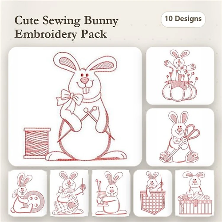 Redwork Sewing Bunnies Embroidery Designs Bundle – Bunny with Spool, Bunny with Scissors, & More (10 Designs)