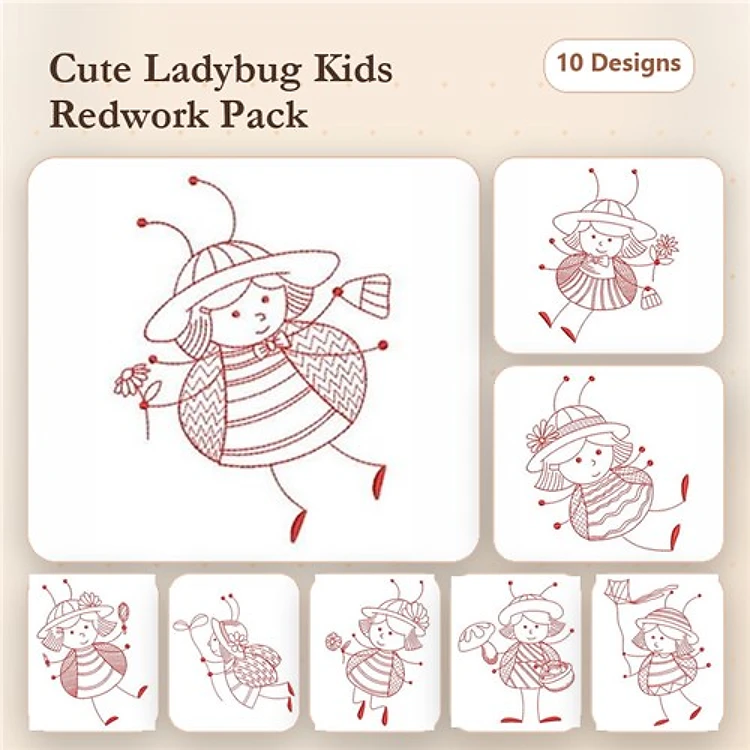 Redwork Ladybug Kid Embroidery Bundle – Ladybug Girl with Flower, Happy Ladybug Kid & More (10 Designs)