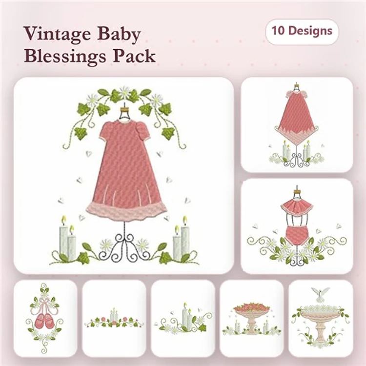 Vintage Baby Blessings Embroidery Designs Bundle – Baby Dress, Lantern, Crib & More (10 Designs)