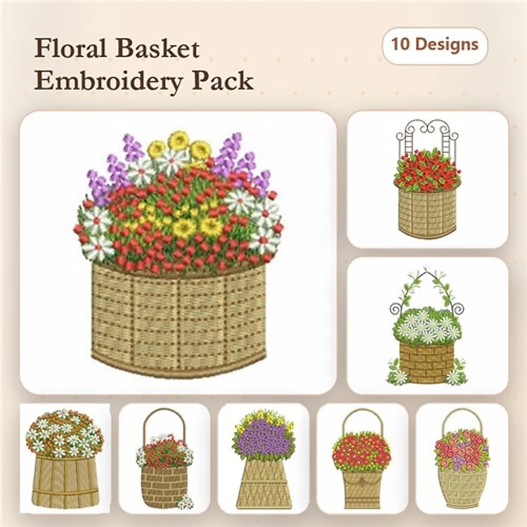 Floral Baskets Embroidery Designs Bundle – Flower Basket with Wildflowers, Hanging Basket with Flowers & More (10 Designs)