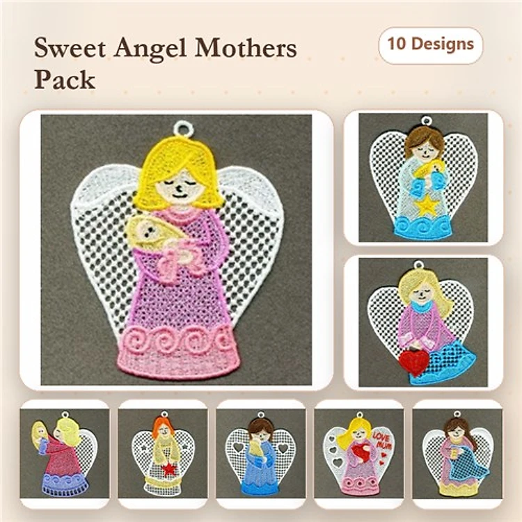 FSL Angel Mother Embroidery Bundle – Angel with Baby, Angel with Star, Angel with Heart & More (10 Designs)