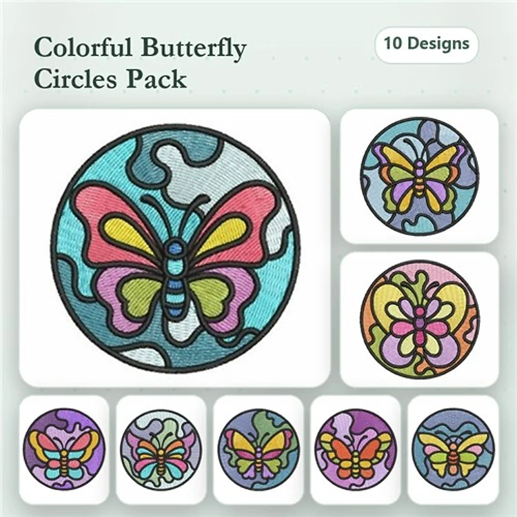 Butterfly & Floral Embroidery Bundle – Colorful Circles & More (10 Designs)