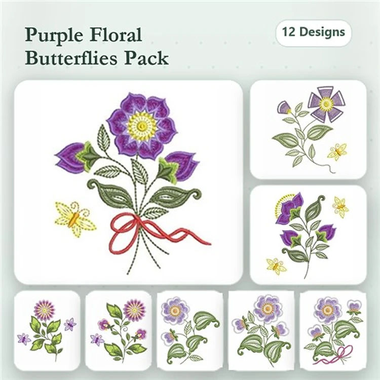 Floral Butterfly Embroidery Designs Bundle – Purple Flowers, Vibrant Butterfly, Flower Bouquet & More (12 Designs)