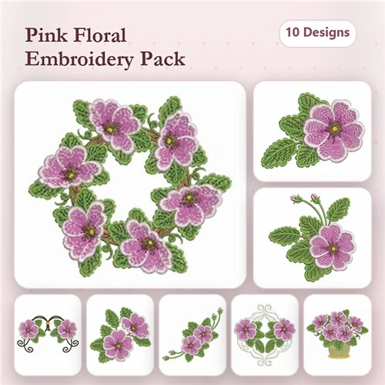 Pink Floral Embroidery Bundle – Floral Wreath, Large Pink Flower, Flower Cluster & More (10 Designs)