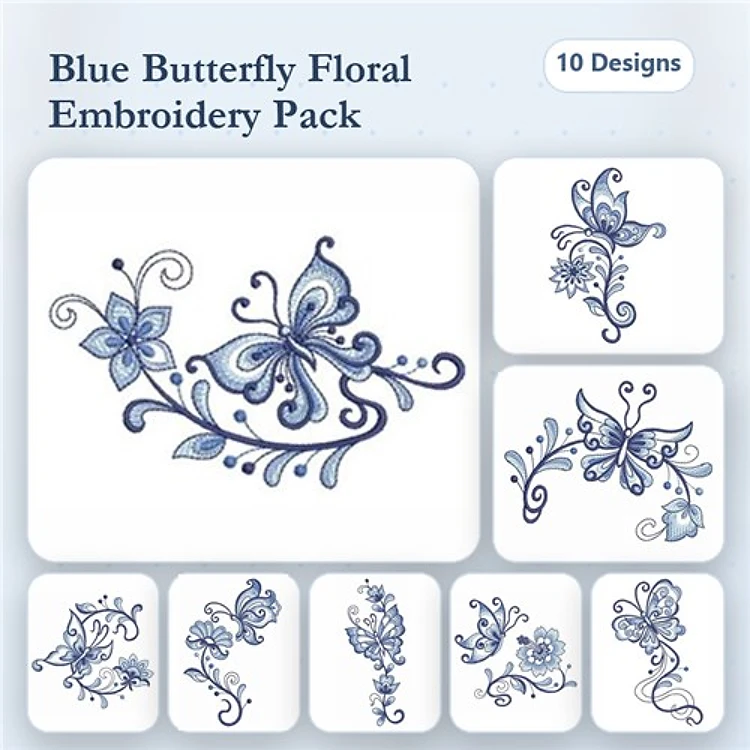 Butterfly & Floral Embroidery Designs Bundle – Blue Butterfly with Swirls, Floral Butterfly, Flower with Butterfly & More (10 Designs)