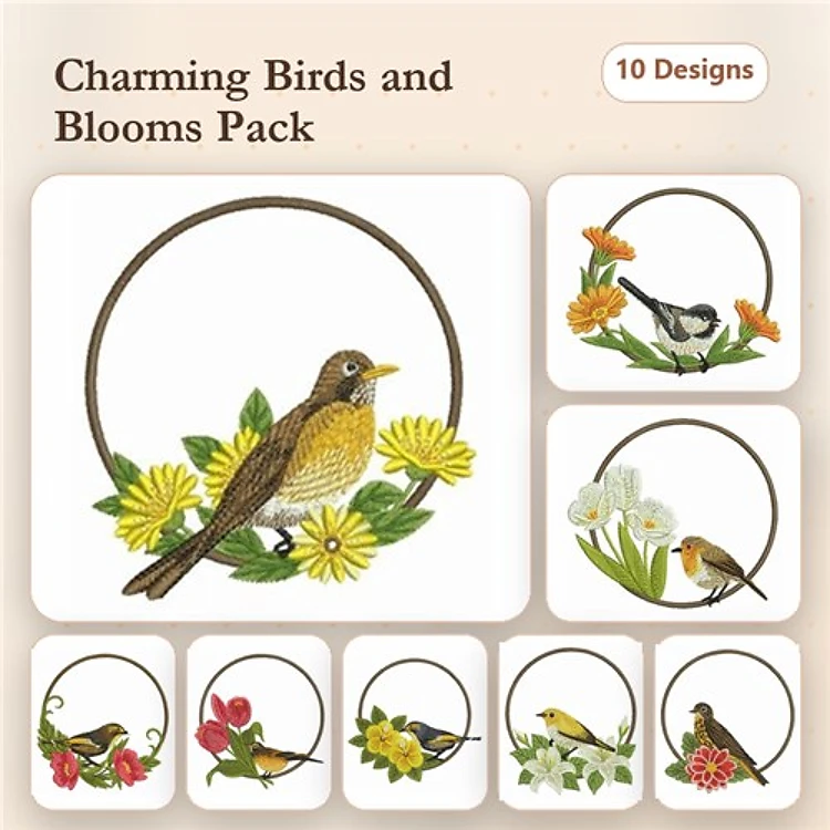 Birds and Blooms Embroidery Designs Bundle – Robin with Flowers, Chickadee with Blooms, Floral Bouquet 1 & More (10 Designs)