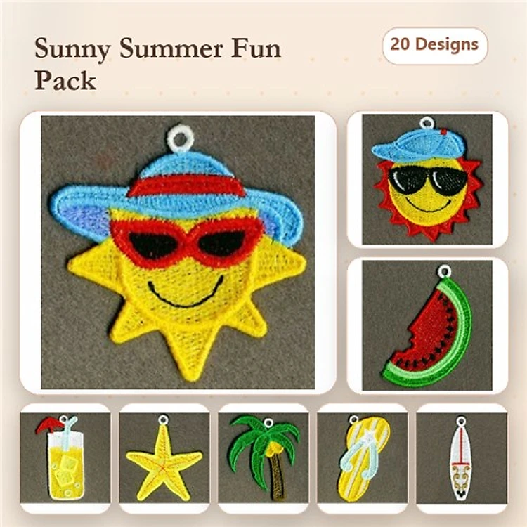 FSL Sunny Summer Embroidery Designs Bundle – Sun with Hat, Smiley Sun, Watermelon Slice & More (20 Designs)