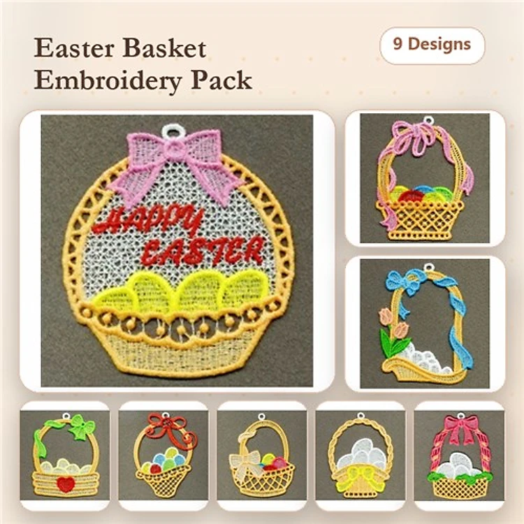 FSL Easter Basket Embroidery Bundle – Happy Easter Basket, Bunny in Easter Basket, Floral Easter Basket & More (9 Designs)