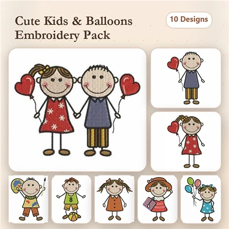 Cute Kids & Balloons Embroidery Designs Bundle – Girl with Hearts, Boy with Balloons & More (10 Designs)
