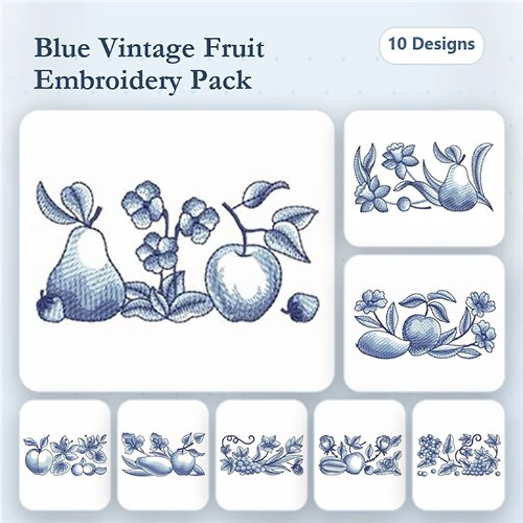 Redwork Vintage Fruit Embroidery Designs Bundle – Pear with Flowers, Blue Apple, Floral Arrangement & More (10 Designs)
