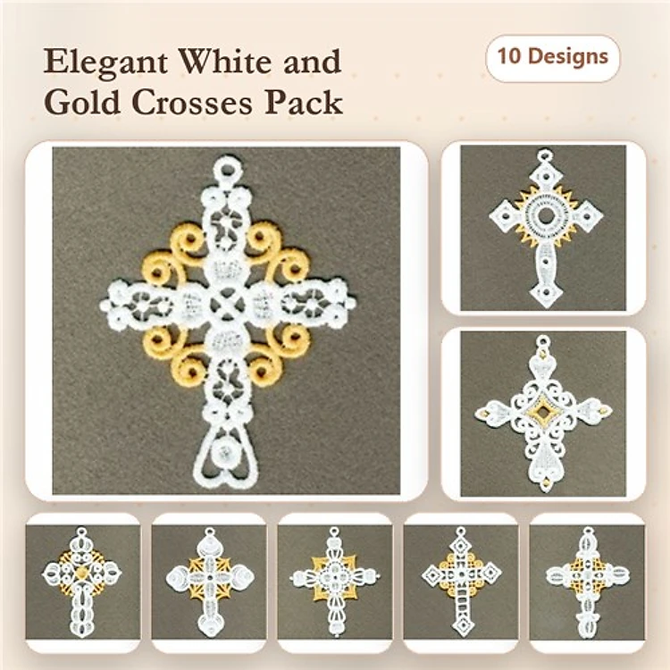 FSL Elegant Cross Embroidery Designs Bundle – Gold Swirls, Floral Lace, Ornate & More (10 Designs)