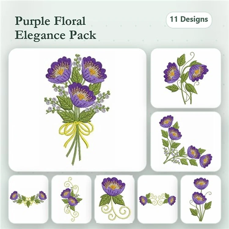 Floral Bouquet Embroidery Bundle – Purple Flowers, Elegant Floral Vine, Cluster of Purple Flowers & More (11 Designs)