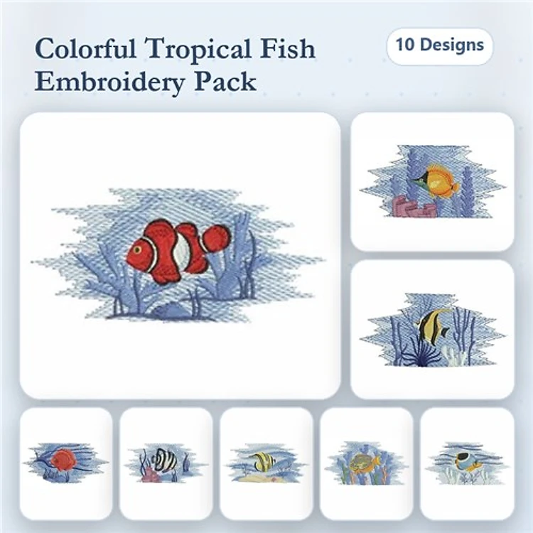 Tropical Fish Embroidery Designs Bundle – Clownfish, Blue Tang, Yellow Tang & More (10 Designs)