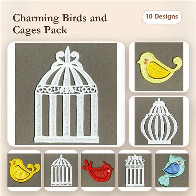FSL Birdcage & Feathered Friends Embroidery Bundle – White Birdcage, Yellow Bird, Red Bird & More (10 Designs)