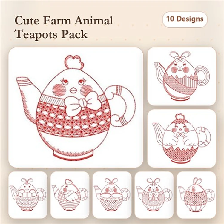 Redwork Farm Animal Teapots Embroidery Designs Bundle – Chicken, Duck, Pig, Sheep & More (10 Designs)