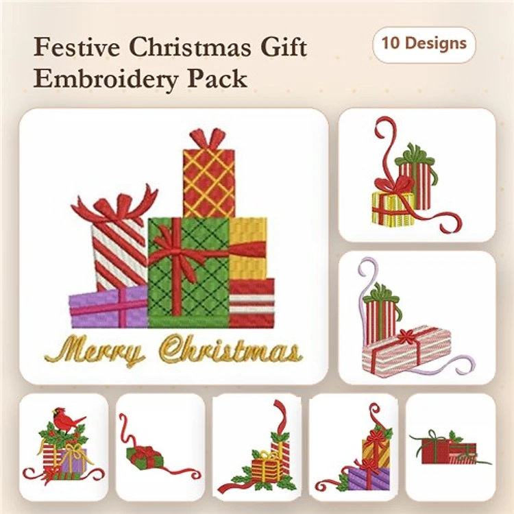 Christmas Gifts & Decorations Embroidery Designs Bundle – Stack of Christmas Gifts, Merry Christmas Text, Cardinal with Holly & More (10 Designs)