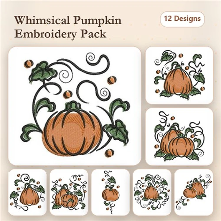 Fall Pumpkin Embroidery Bundle – Pumpkin with Vines, Ornamental Pumpkin, Decorative Pumpkin & More (12 Designs)