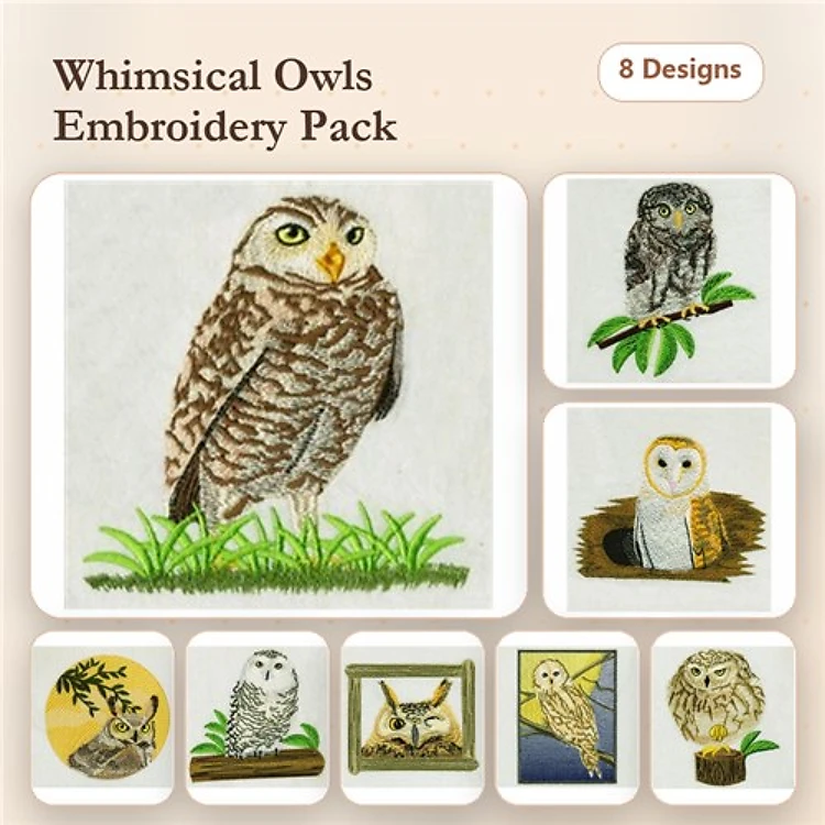 Owl Family Embroidery Designs Bundle – Brown Owl, Perched Owl, Screech Owl & More (8 Designs)