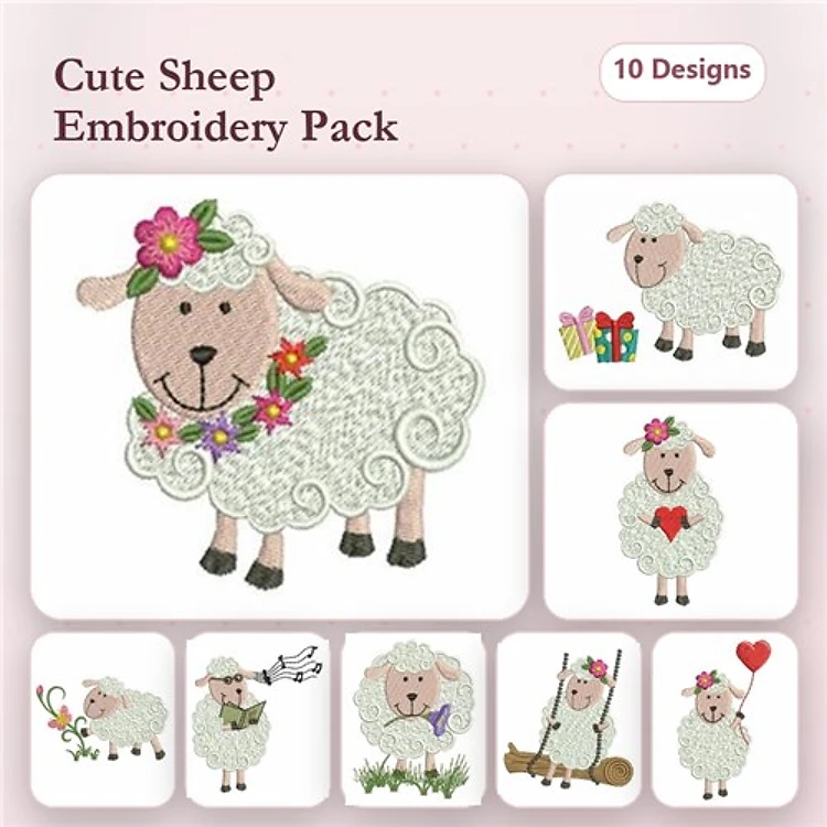 Cute Sheep Embroidery Bundle – Sheep with Flowers, Gifts, Heart, Balloons & More (10 Designs)