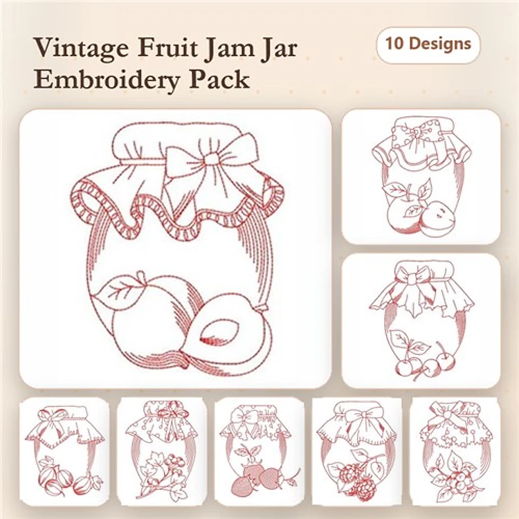 Redwork Vintage Jam Jars Embroidery Bundle – Jam Jar with Peaches, Apples, Cherries & More (10 Designs)