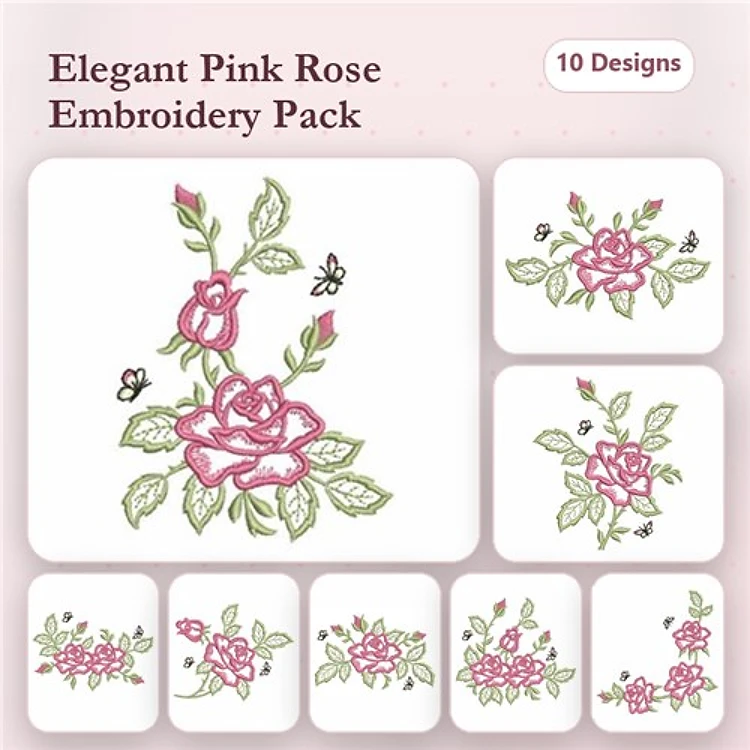 Floral Embroidery Designs Bundle – Elegant Pink Rose with Leaves, Pink Rose with Butterflies, Cluster of Pink Roses & More (10 Designs)