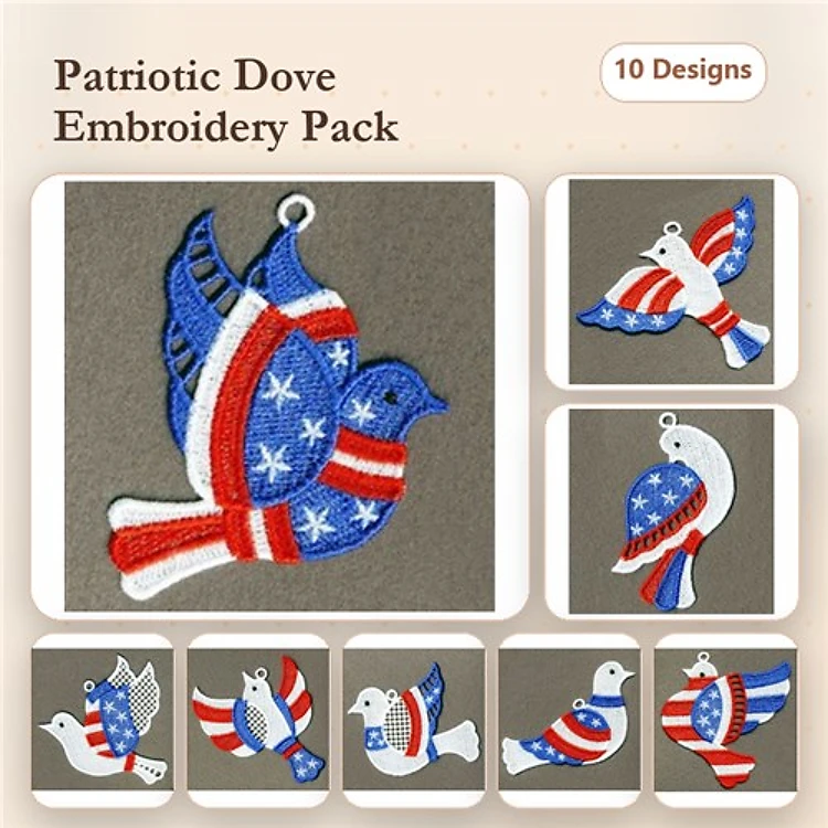 FSL Patriotic Doves Embroidery Bundle – Dove with Flag, Star Spangled Dove, Dove in Flight & More (10 Designs)