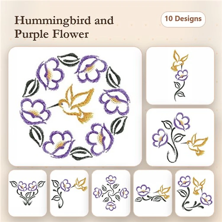 Hummingbirds & Purple Flowers Embroidery Designs Bundle – Hummingbird with Purple Flower, Hummingbird in Flight & More (10 Designs)