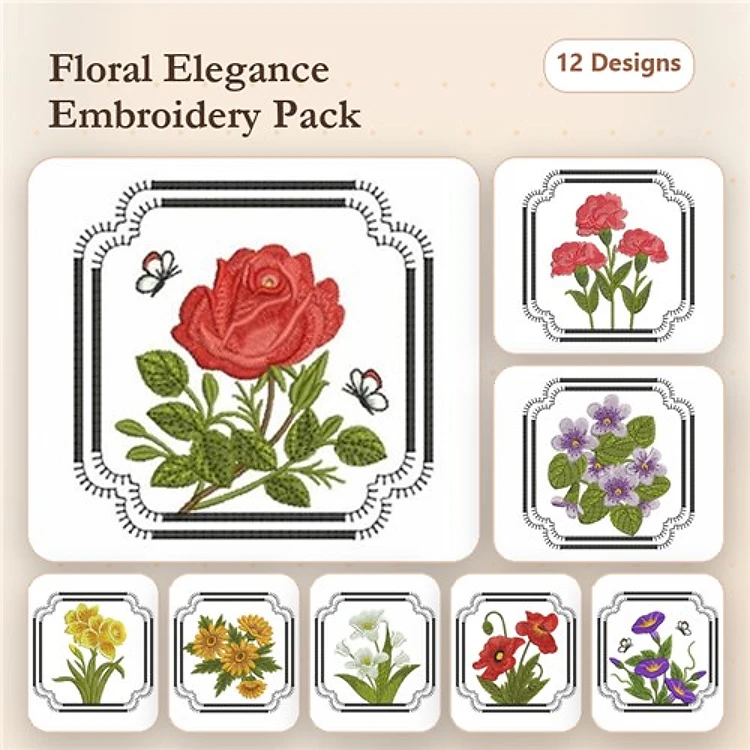Floral Elegance Embroidery Designs Bundle – Red Rose, Pink Carnation, Violet Flower & More (12 Designs)